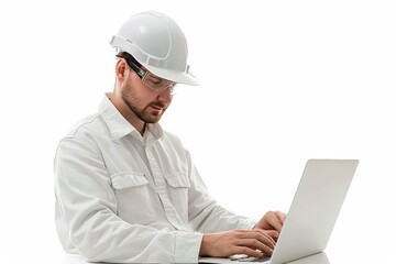 A radiant image of an alluring inspection engineer adorned in a gleaming white hardhat, confidently reviewing project timelines on a laptop.