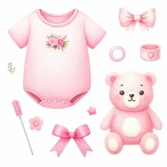baby shower girl theme pink color. watercolor illustration, white color background. design elements for scrapbook, invitation, greeting cards.