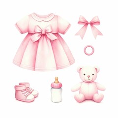 baby shower girl theme pink color. watercolor illustration, white color background. design elements for scrapbook, invitation, greeting cards.