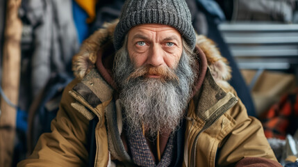 Obraz premium Elderly man with a thick, grey beard and a knitted hat sits in warm winter clothing. His blue eyes are striking against the backdrop of various coats and jackets.