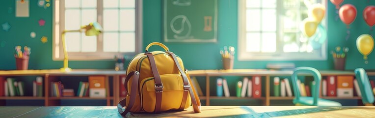 Yellow backpack with apple. Back to school concept
