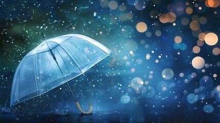 Transparent umbrella under heavy rain against water drops splash background. Rainy weather concept. © RESTY