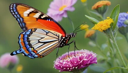 Fototapeta premium Wild flowers of clover and butterfly in a meadow in nature in the rays of sunlight in summer in the spring close-up of a macro. A picturesque colorful artistic image with a soft focus