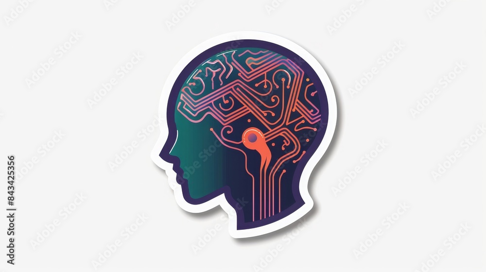 Wall mural flat sticker design, artificial intelligence, human head, thick bold white outline, white background, 16:9