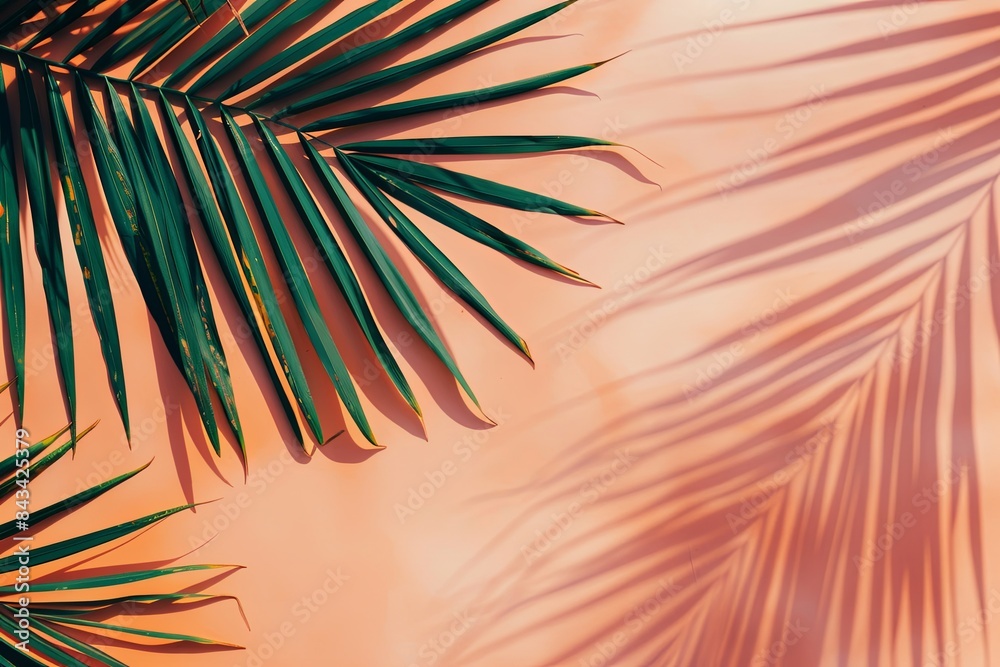 Sticker Top view of tropical palm leaf shadow on a pastel peach background.