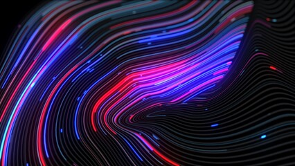 The Fiber Optics Digital Data Flow.
An abstract digital art piece depicting fiber optic data flow. Vibrant red and blue streaks of light move across a dark, wavy background.