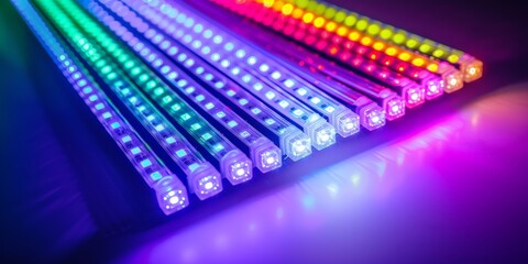 A close-up view of multiple LED light strips in various colors, with a focus on the blue and purple lights at the bottom