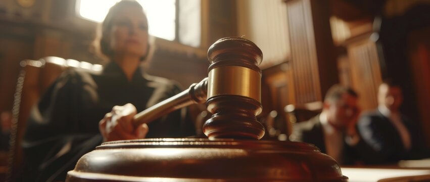 A judge strikes a wooden gavel in a courtroom with blurred figures of observers in the background