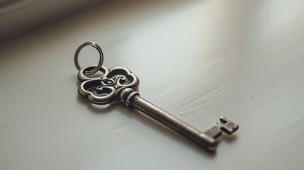 A house key with a decorative keychain on a white surface.