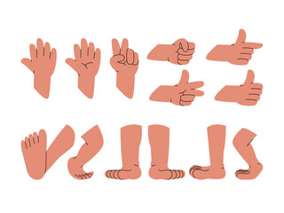 Obraz premium set various foot and hand palm thumb forefinger gesture pointing or peace expression