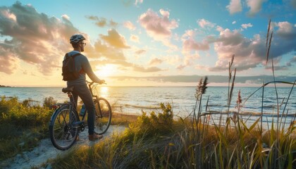 Fototapeta premium Solitude and Sunset: A Man's Tranquil Bike Ride Along the Coast