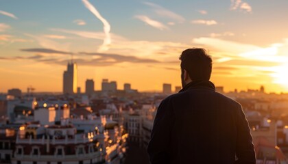 Golden Hour Gaze: An Adult Man's View of Madrid's Sunset Skyline