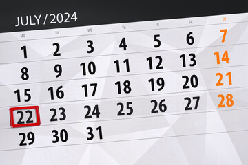 Calendar 2024, deadline, day, month, page, organizer, date, July, monday, number 22
