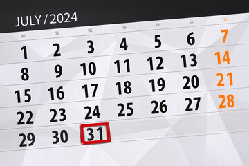Calendar 2024, deadline, day, month, page, organizer, date, July, wednesday, number 31
