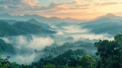 Obraz premium Misty Hills at Dawn: Serene Mountain Landscape with Fog