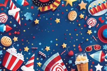 Fototapeta premium Colorful carnival background with festive treats, stars, and fun decorations on a blue backdrop.