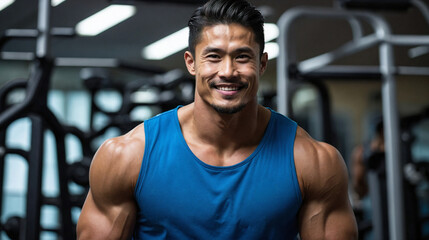 Fototapeta premium Athletic Asian man exercising in a gym setting. Promoting training services, fitness coaching, gym staff expertise, body wellness, and a commitment to physical well-being.