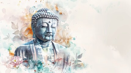 Serene Blue Buddha Sculpture with Gentle Watercolor Wash and Single Lotus Flower