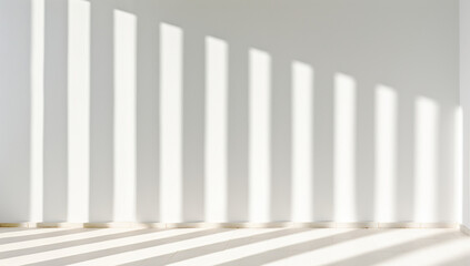 Obraz premium A photo of vertical striped shadows on a white wall, with soft shadow focus, in a minimalistic style, with a neutral color palette, featuring a clean and simple design at high resolution. 
