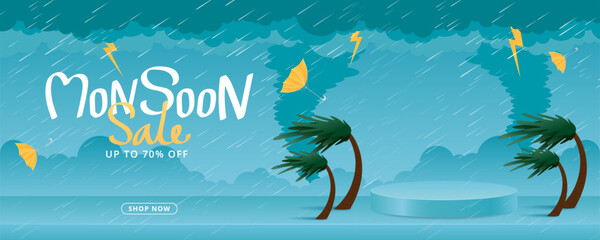 monsoon sale banner with rain and cyclone background.