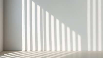 A photo of vertical striped shadows on a white wall, with soft shadow focus, in a minimalistic style, with a neutral color palette, featuring a clean and simple design at high resolution. 