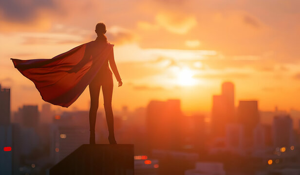 Silhouette of businesswoman with cape standing on city building peak against sunset sky, concept for leader and power in the work place, female super hero posing as superhero, conc