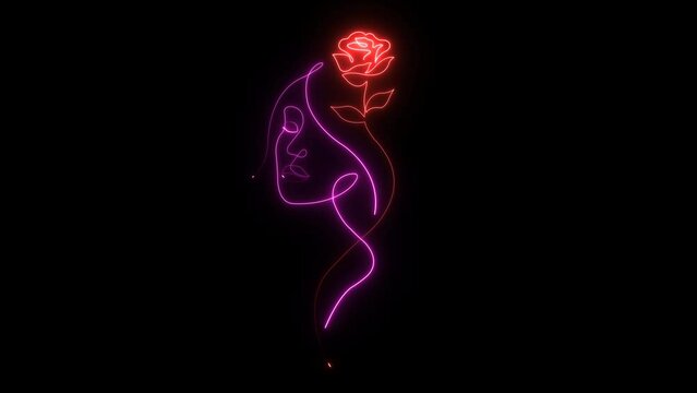 Neon woman. Woman with rose. Line art. Pretty woman face with flowers. Nature beauty botanical print concept. Female face. Abstract face concept. Fashion print. Beauty salon logo. nature portrait
