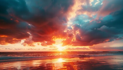 Fototapeta premium Serene Skies: Capturing the Beauty of a Sunset on the Beach
