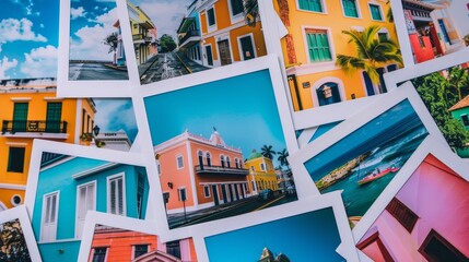 A collection of colorful postcards featuring various buildings