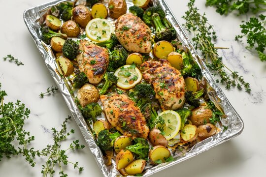 Roasted chicken breast with lemon, broccoli, and potatoes on foil-lined baking sheet