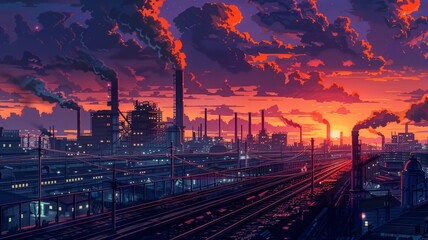 Fototapeta premium Industrial cityscape with vibrant colors and dynamic composition