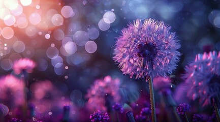 A Single Dandelion Blooms in a Field of Purple Flowers at Sunset