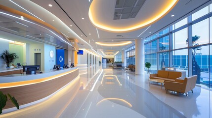 A sleek, modern hospital equipped with advanced medical technology, showcasing global health initiatives and the sharing of healthcare innovations across borders, with doctors from different