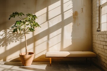 A potted plant and a wooden bench sit in a sunlit room with a brick wall