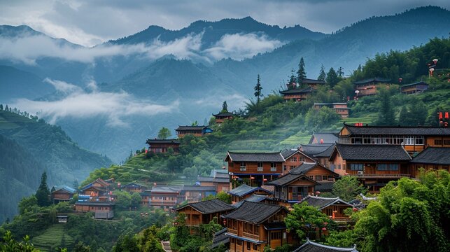A picturesque mountain village with tourists from different countries enjoying the scenery and local culture, highlighting the role of global tourism in promoting cultural exchange and economic growth