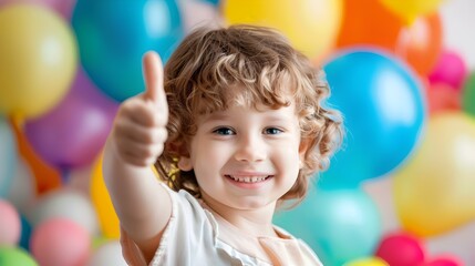 Cheerful Child Giving a Thumbs Up with Colorful Balloons