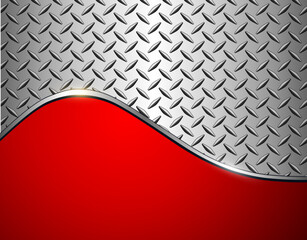 Red and grey background with diamond plate texture pattern.