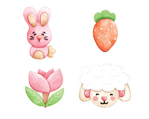 Set of Pink bunny and carrot,flower and sheep watercolors Easter day