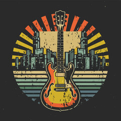 Obraz premium 2d vector illustration art Retro music guitar with trees with colorful background, Summer t shirt 