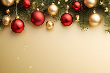 Christmas and New Year yellow background with golden stars and red Christmas balls....