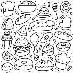 Set of hand drawn food isolated on white background, doodles set of fast food.