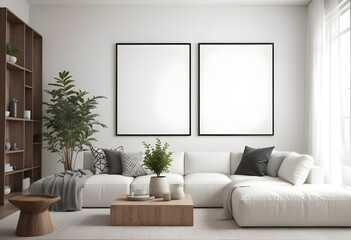 Frame mockup, ISO A paper size. Living room poster mockup. Modern interior design. Living room Interior mockup with house background. 3D render