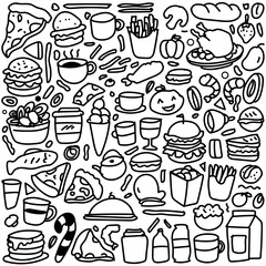 Set of hand drawn food isolated on white background, doodles set of fast food