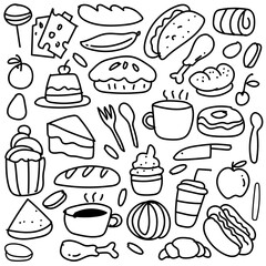 Set of hand drawn food isolated on white background, doodles set of fast food
