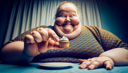 A very fat woman smiling broadly while holding a tiny cupcake between her fingers.