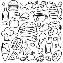 Set of hand drawn food isolated on white background, doodles set of fast food