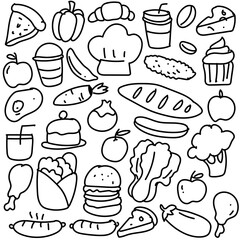Set of hand drawn food isolated on white background, doodles set of fast food