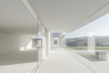 A contemporary hallway with large glass windows offering a view of the outdoors. The interior is bright and minimalist with white walls and a smooth, polished floor