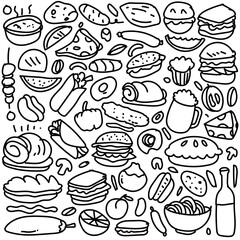 Various food doodle Seamless background Vector fast food pattern