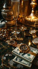 This image showcases a close-up view of luxurious gold jewelry, including a premium gold watch, intricate cufflinks, and elegant glassware.